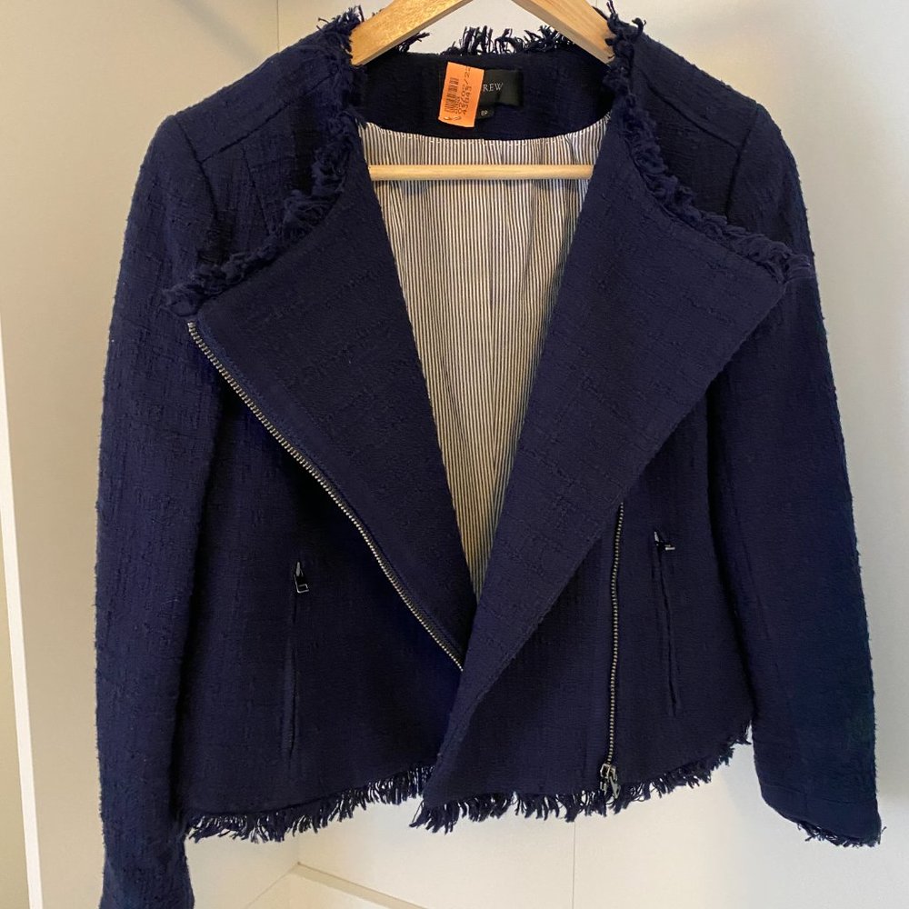 J. Crew petite tweed motorcycle jacket with fringe